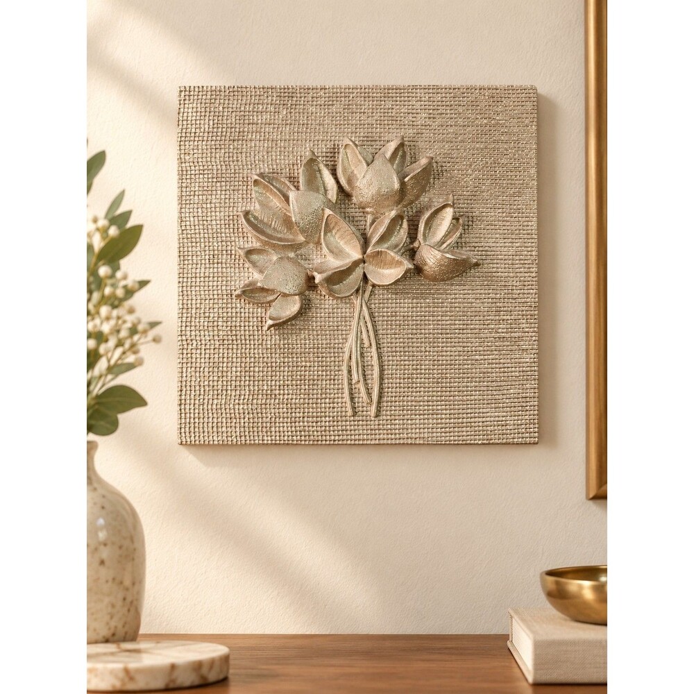 Vintage Gold Floral Bouquet 3D Textured Wall Plaque Mid-Century Décor 8” x 8"